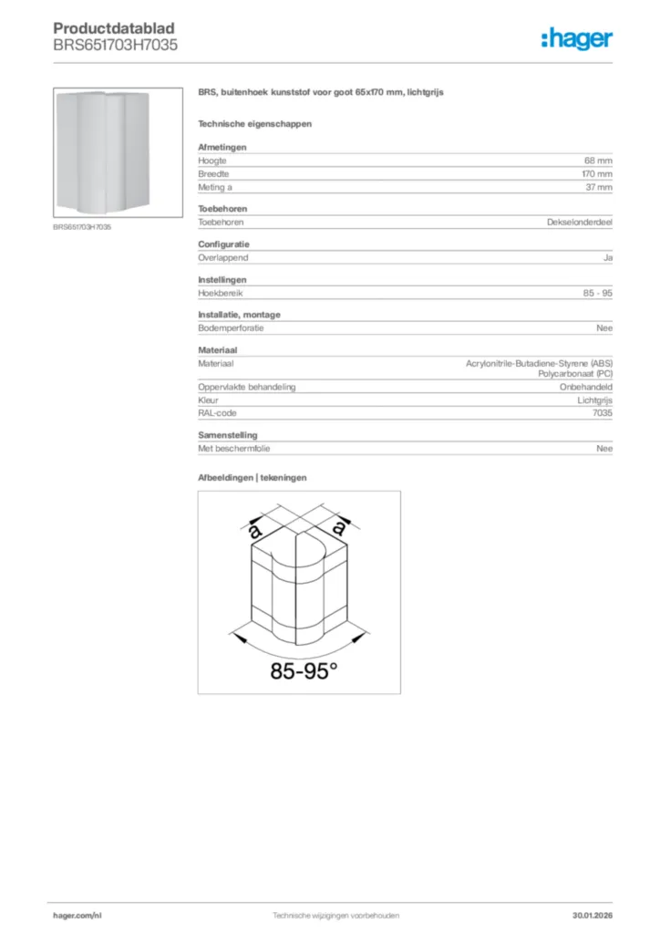 Afbeelding Hager Productdatablad BRS651703H7035 | Hager Nederland