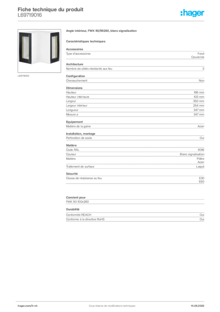 Image Hager Fiche technique du produit L69719016 | Hager Suisse