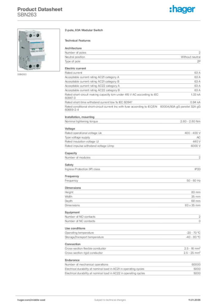 Image Hager Product data sheet SBN263  | Hager