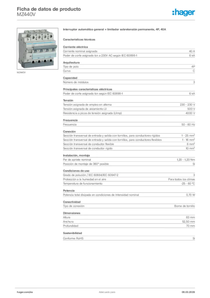 Imagen Hager Ficha de datos de producto MZ440V | Hager España