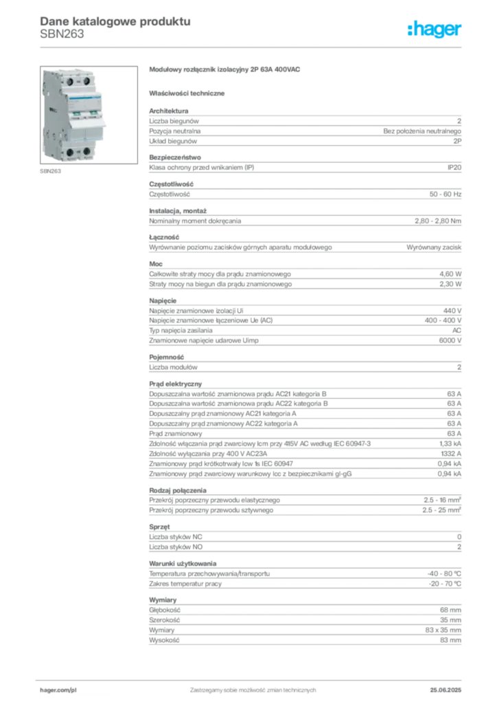Zdjęcie Hager Karta katalogowa SBN263 | Hager Polska