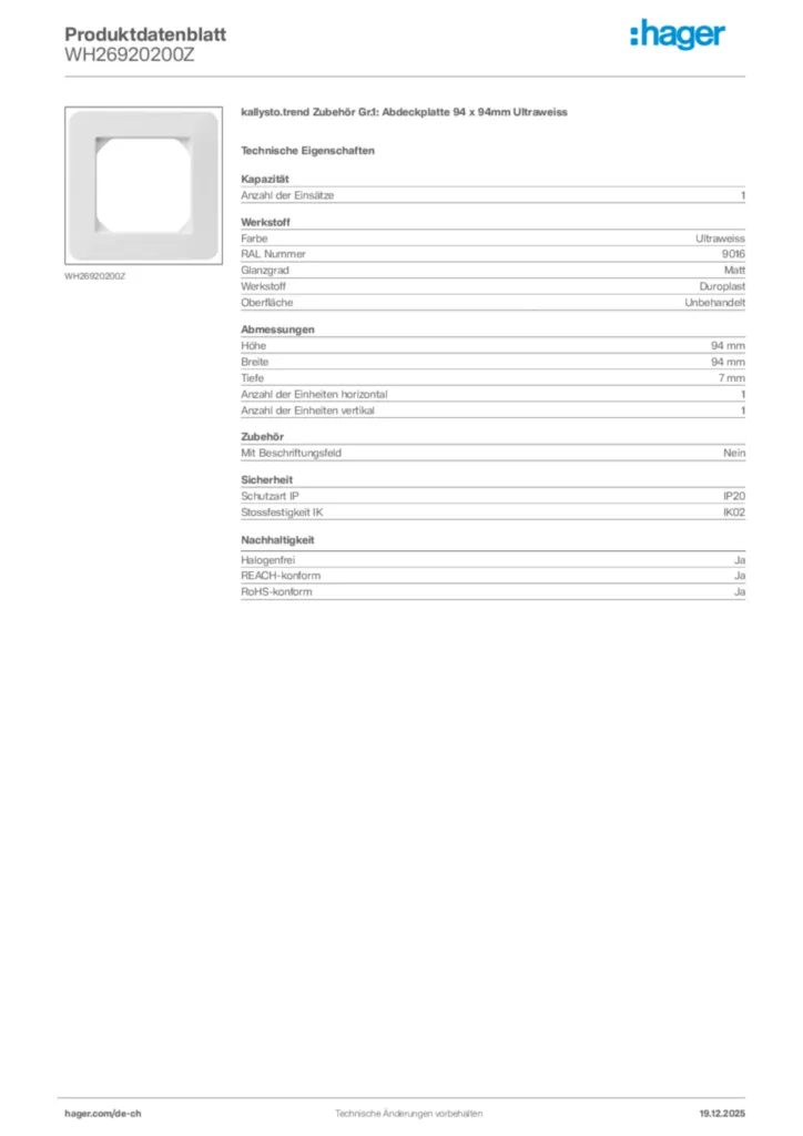 Bild Hager Produktdatenblatt WH26920200Z | Hager Schweiz