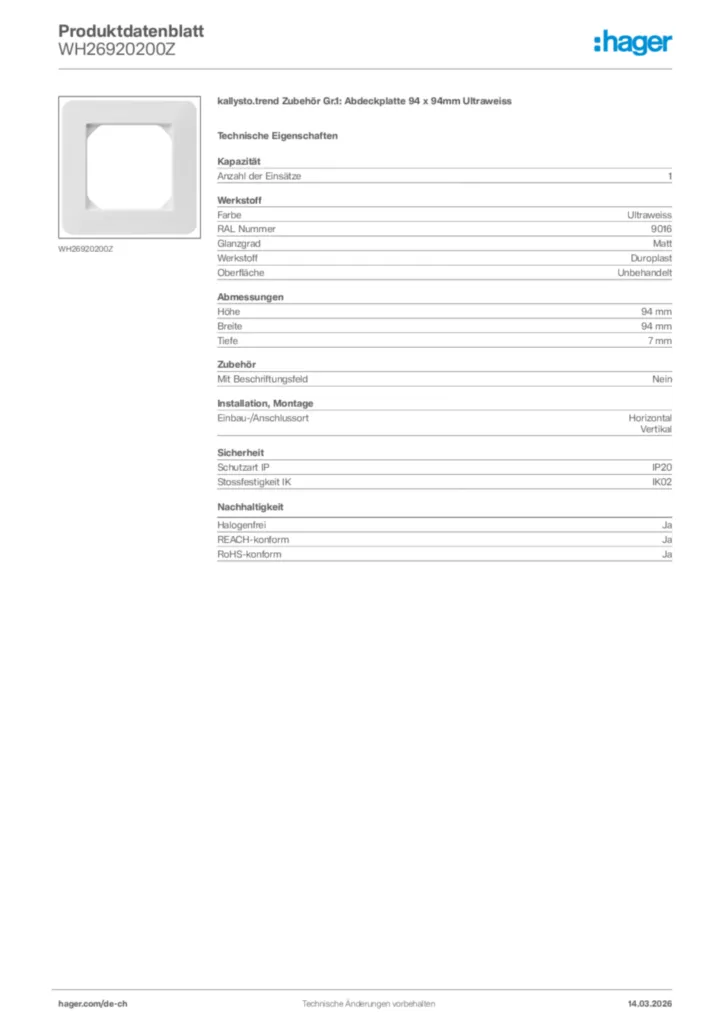 Bild Hager Produktdatenblatt WH26920200Z | Hager Schweiz