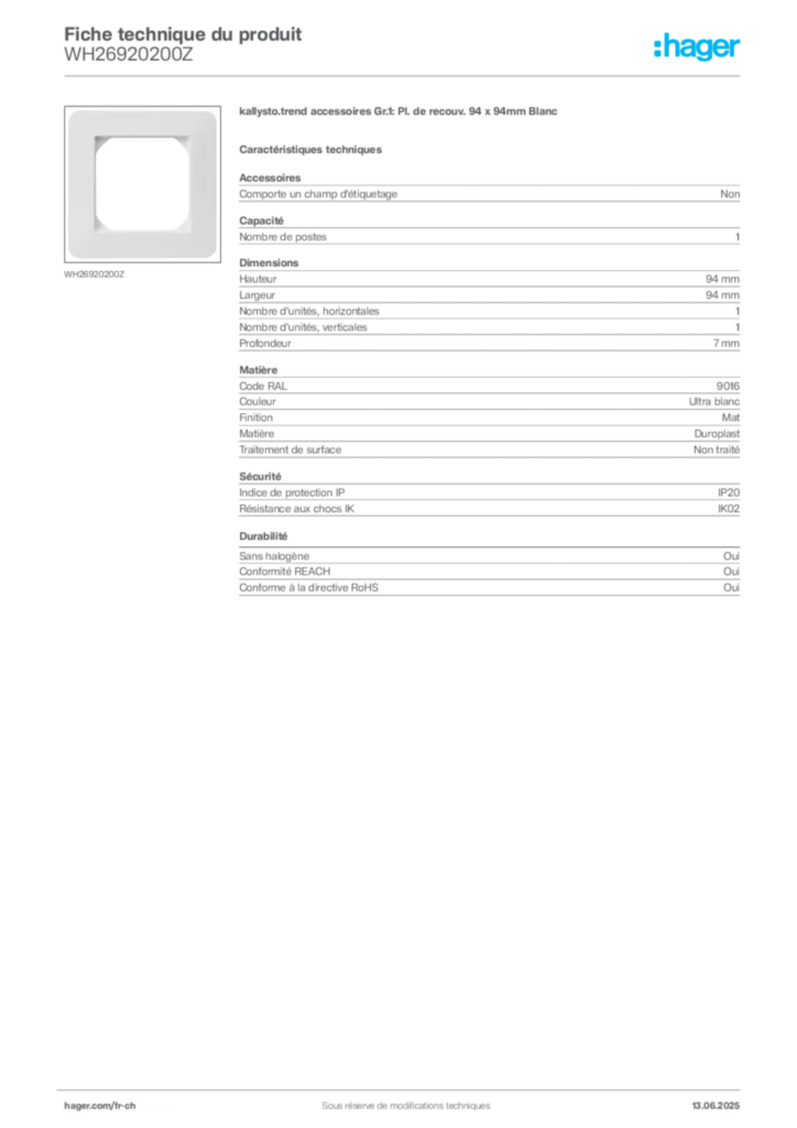 Image Hager Fiche technique du produit WH26920200Z | Hager Suisse