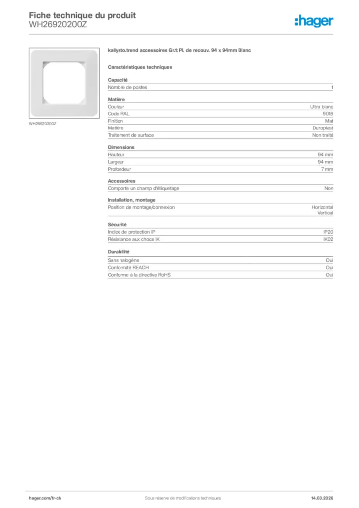 Image Hager Fiche technique du produit WH26920200Z | Hager Suisse