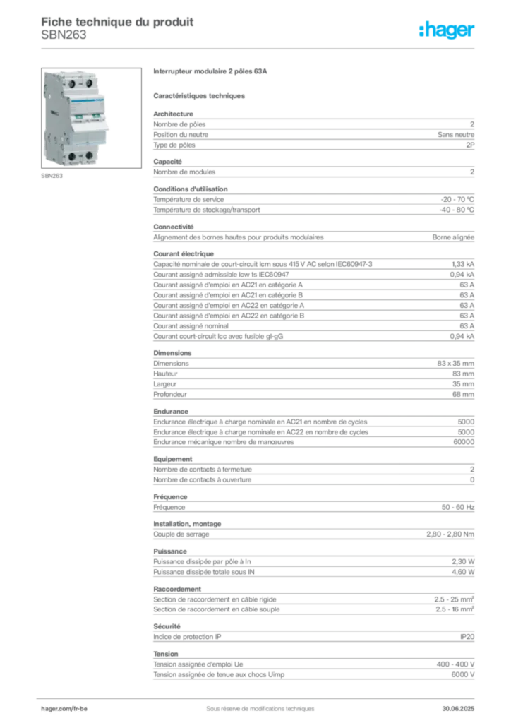 Image Hager Fiche technique du produit SBN263 | Hager Belgique