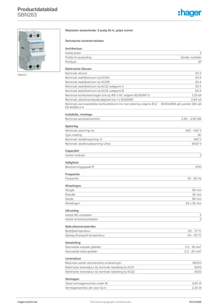 Afbeelding Hager Productdatablad SBN263 | Hager Belgium