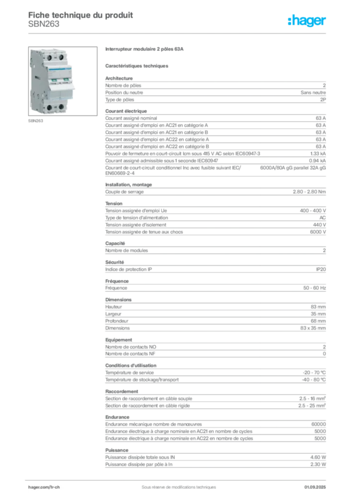 Image Hager Fiche technique du produit SBN263 | Hager Suisse