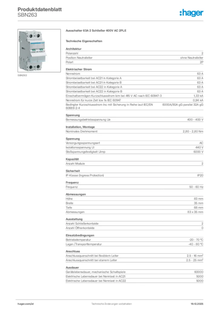 Bild Hager Produktdatenblatt SBN263 | Hager Deutschland