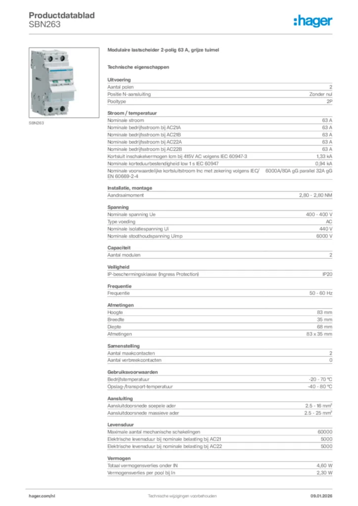 Afbeelding Hager Productdatablad SBN263 | Hager Nederland