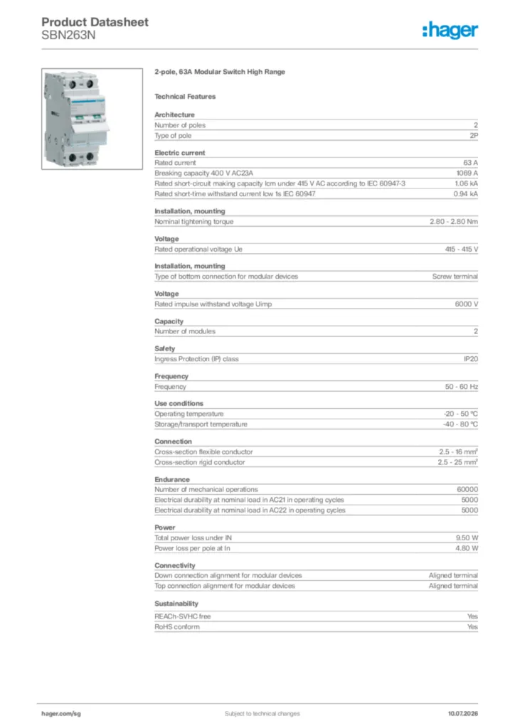 Image Hager Product data sheet SBN263N  | Hager