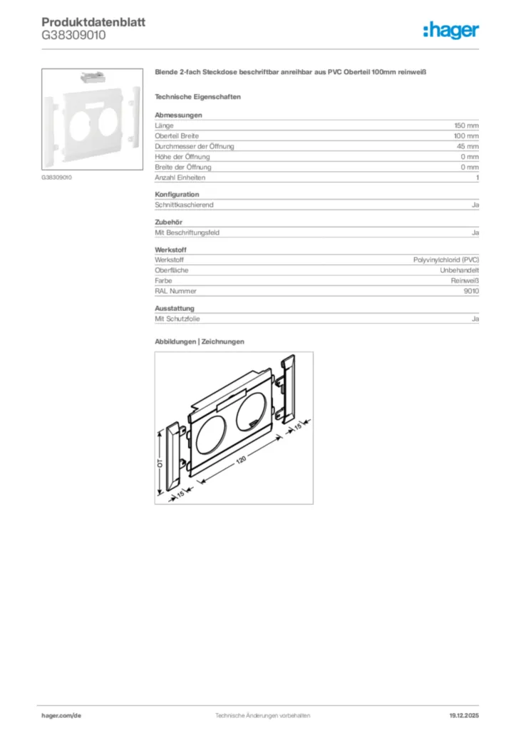 Bild Hager Produktdatenblatt G38309010 | Hager Deutschland