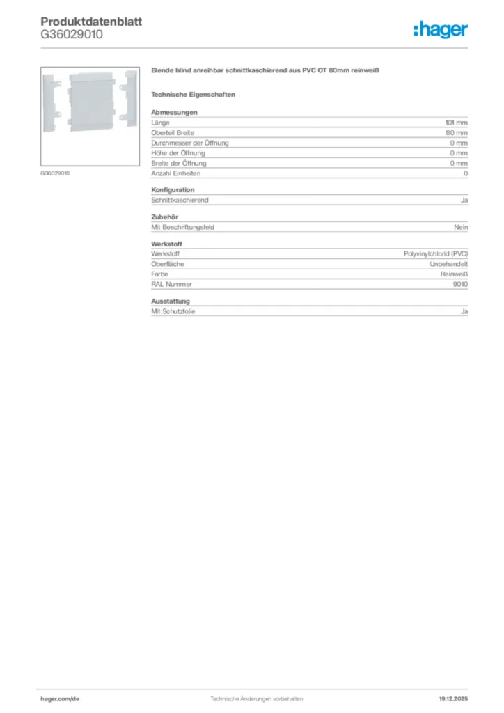 Bild Hager Produktdatenblatt G36029010 | Hager Deutschland
