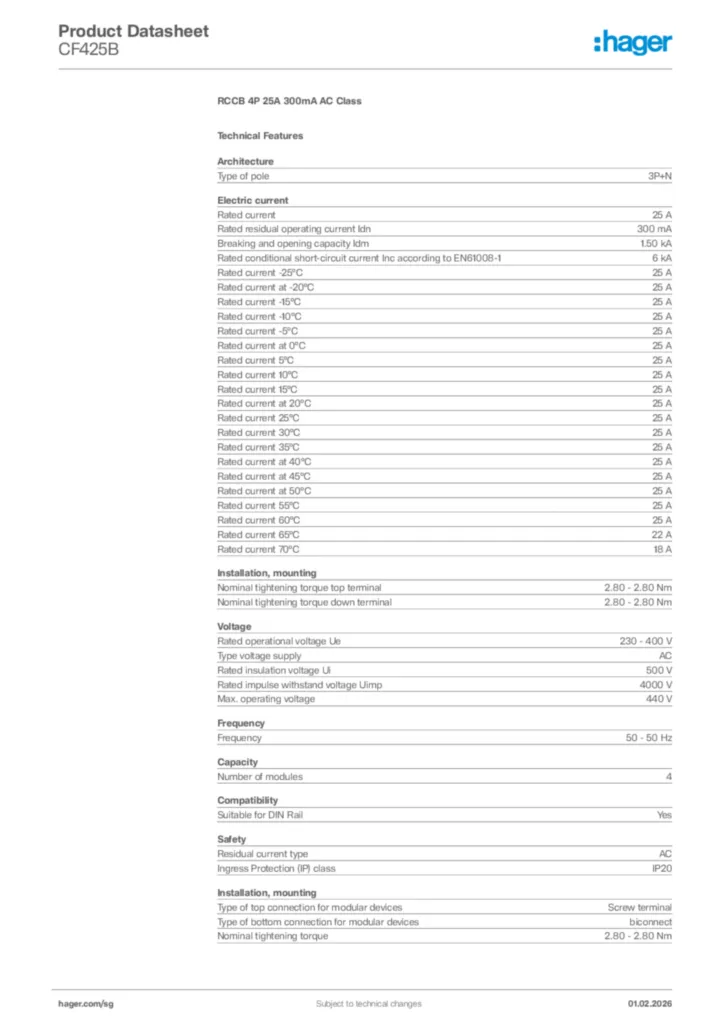 Image Hager Product data sheet CF425B  | Hager