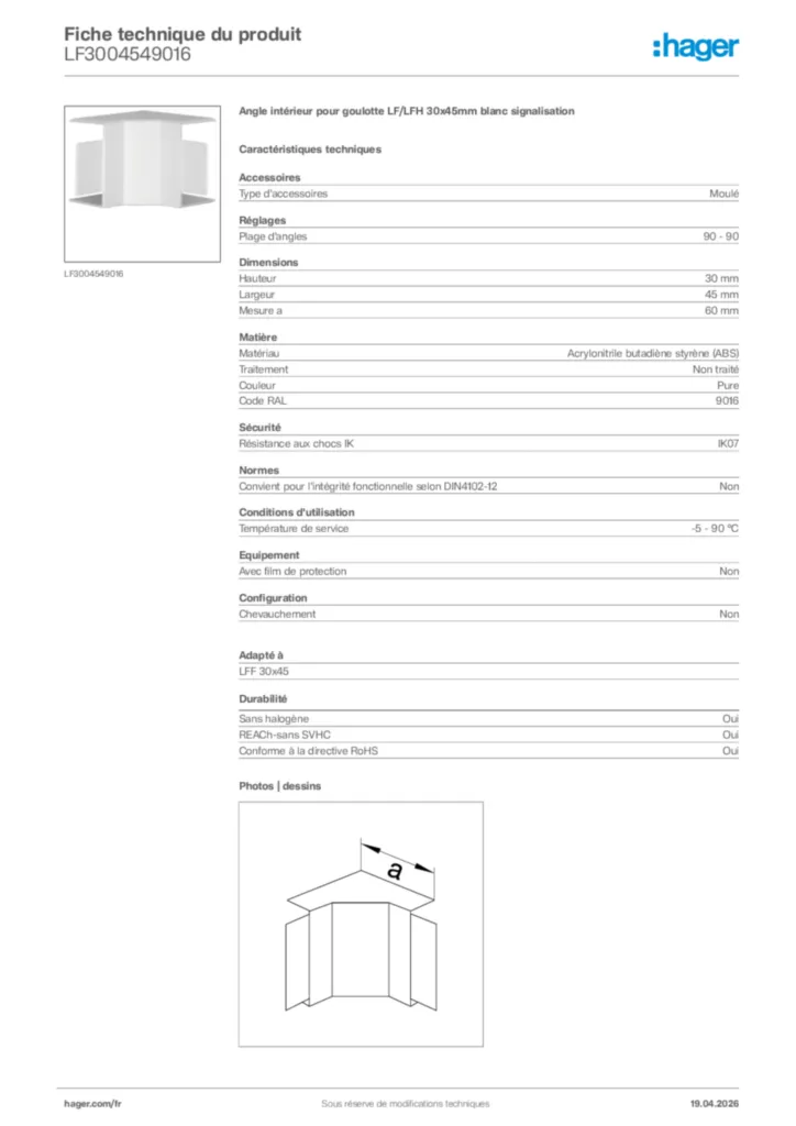 Image Hager Fiche technique du produit LF3004549016 | Hager France