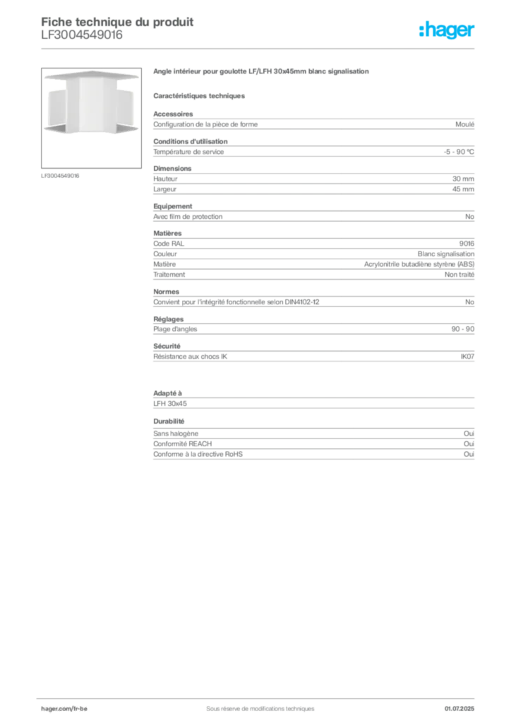 Image Hager Fiche technique du produit LF3004549016 | Hager Belgique