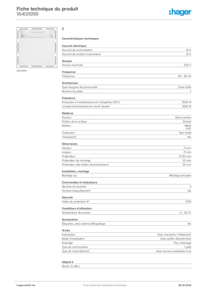 Image Hager Fiche technique du produit 16408999 | Hager Belgique