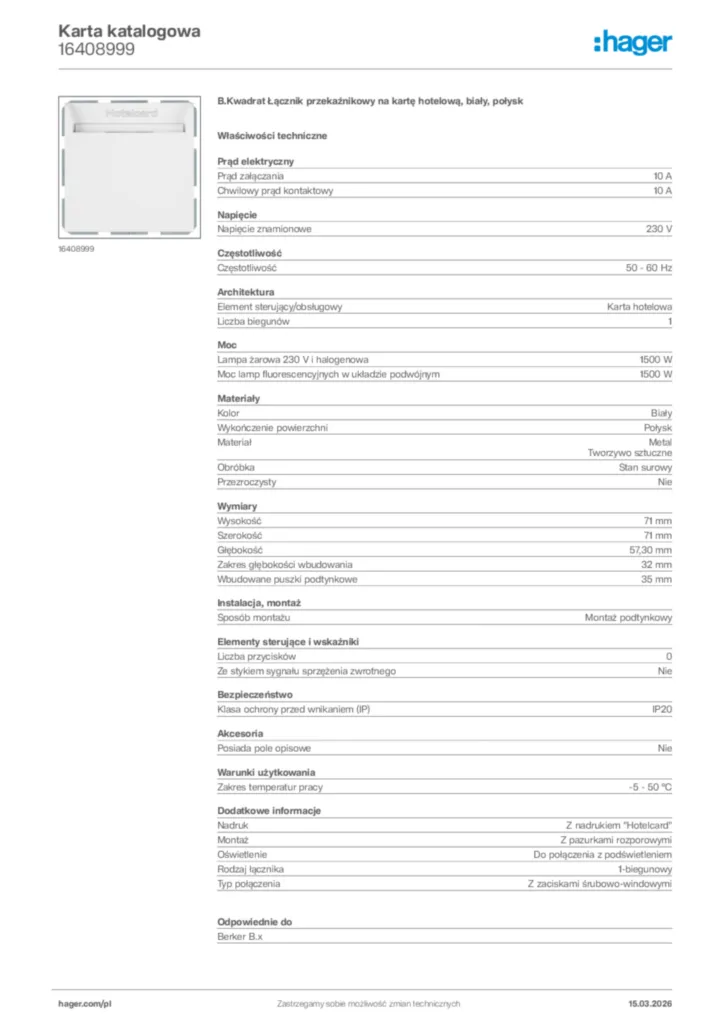 Zdjęcie Hager Karta katalogowa 16408999 | Hager Polska