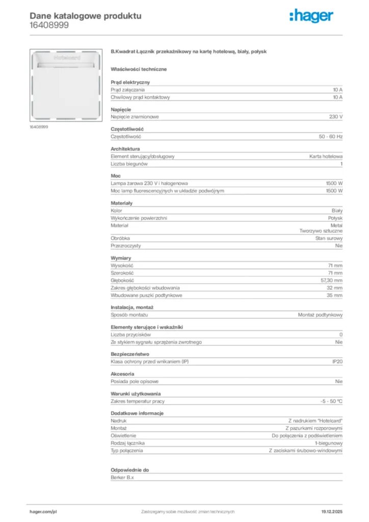 Zdjęcie Hager Karta katalogowa 16408999 | Hager Polska