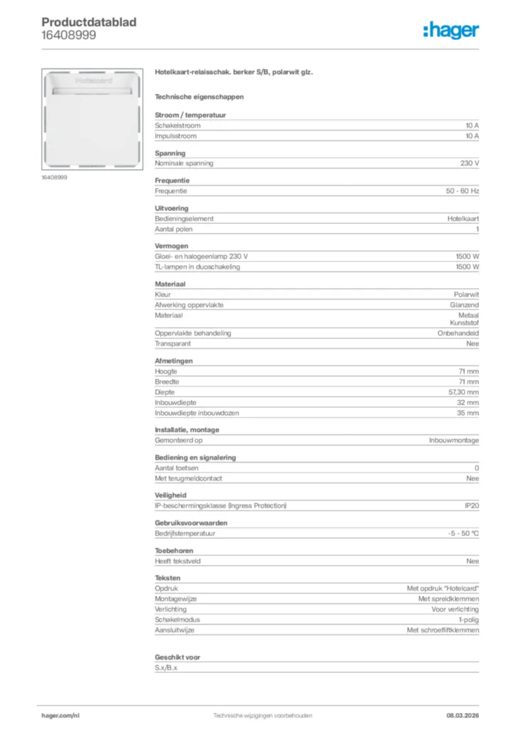 Afbeelding Hager Productdatablad 16408999 | Hager Nederland
