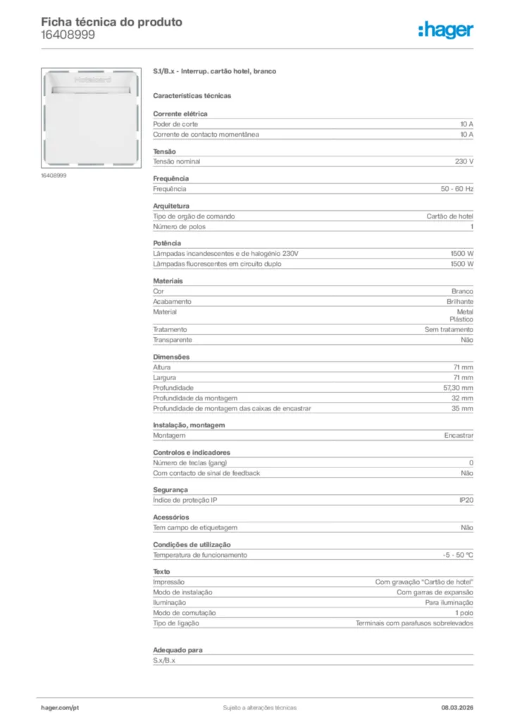 Imagem Hager Ficha técnica do produto 16408999 | Hager Portugal