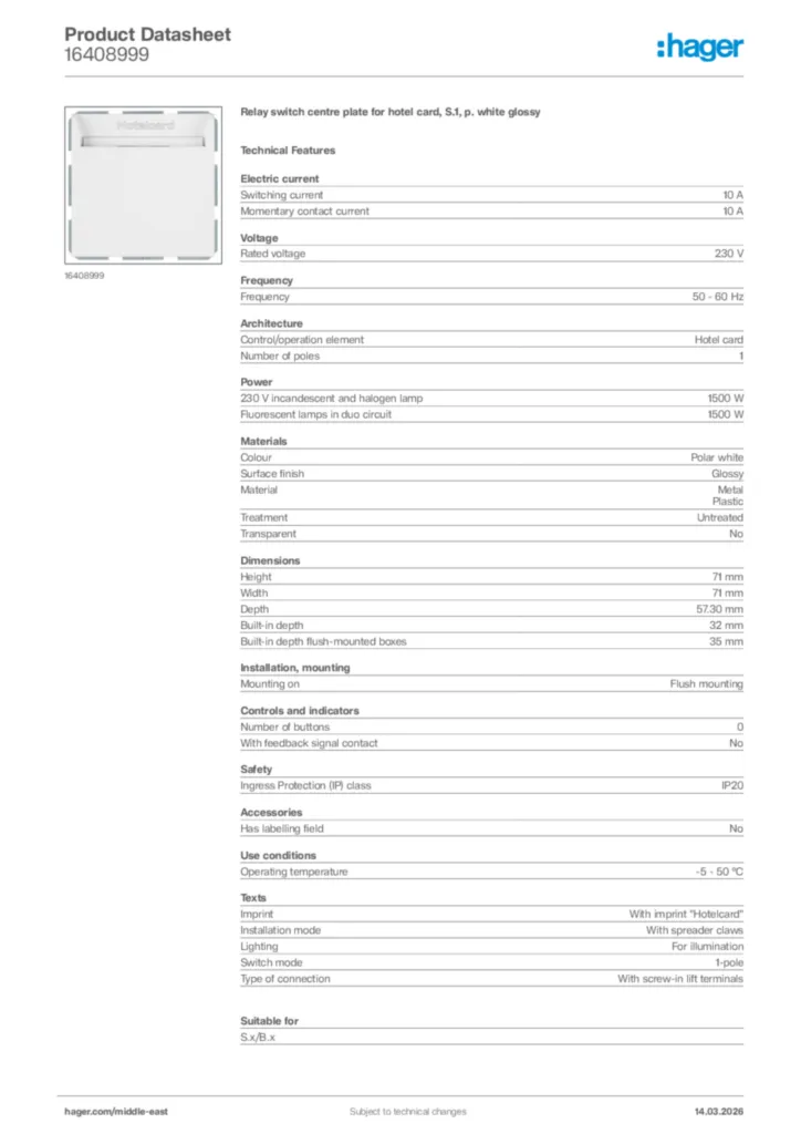 Image Hager Product data sheet 16408999  | Hager