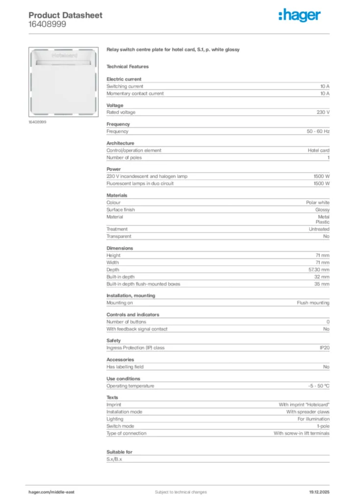 Image Hager Product data sheet 16408999  | Hager