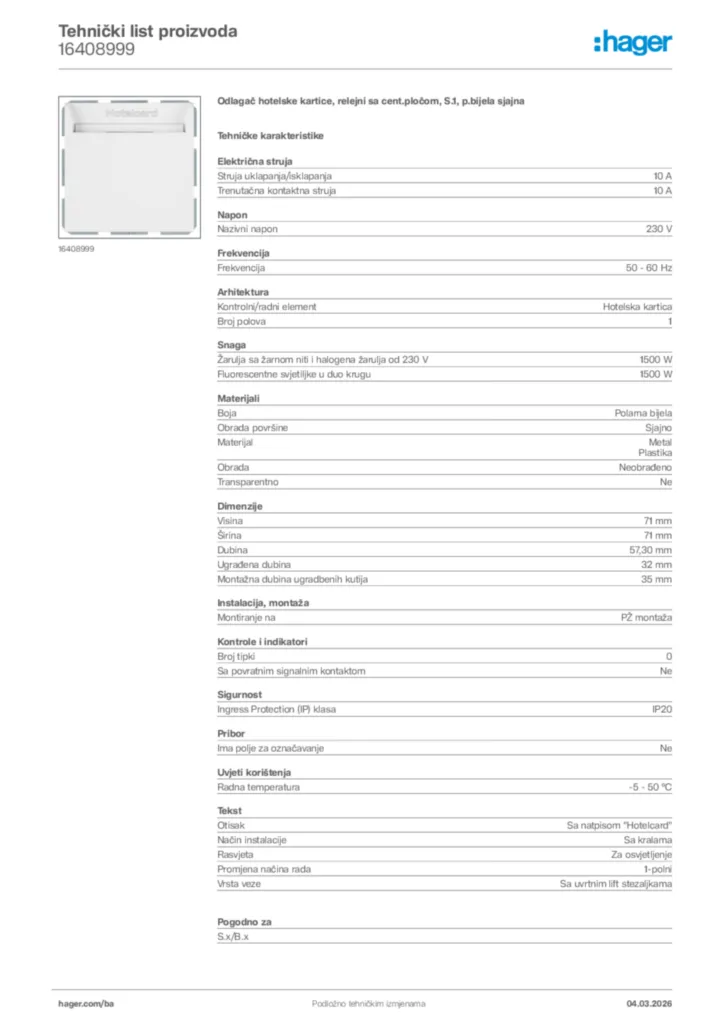 Slika Hager Tehnički list proizvoda 16408999  | Hager