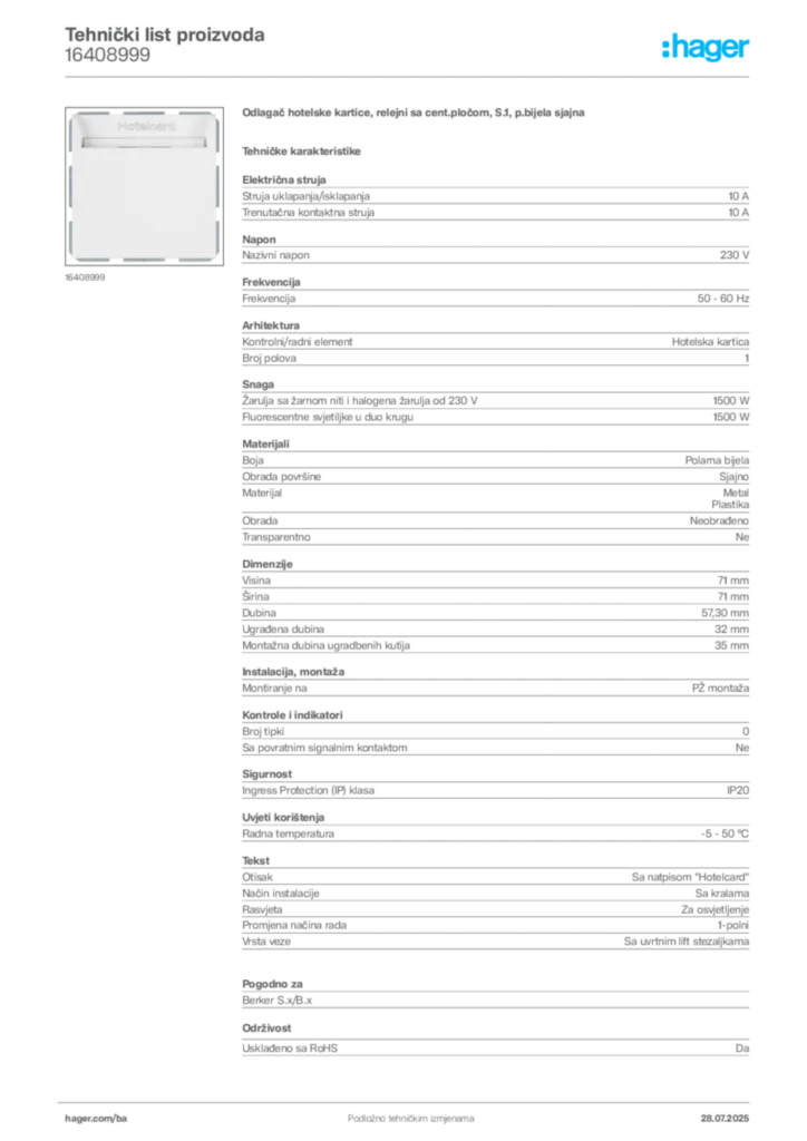 Slika Hager Product data sheet 16408999  | Hager
