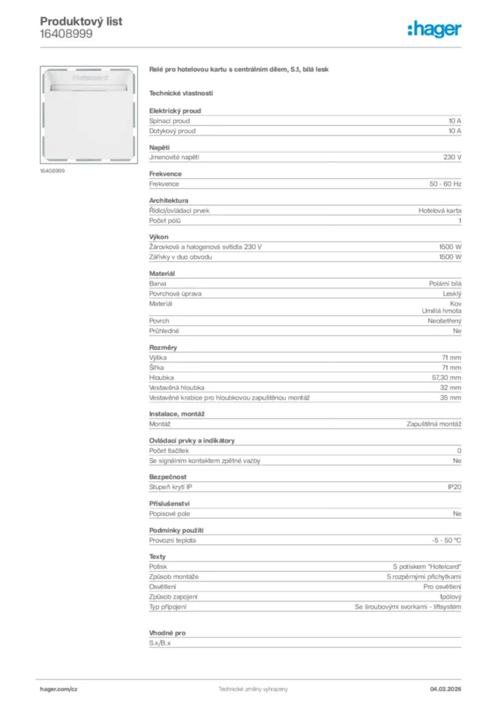 Obrázek Hager Product data sheet 16408999 | Hager