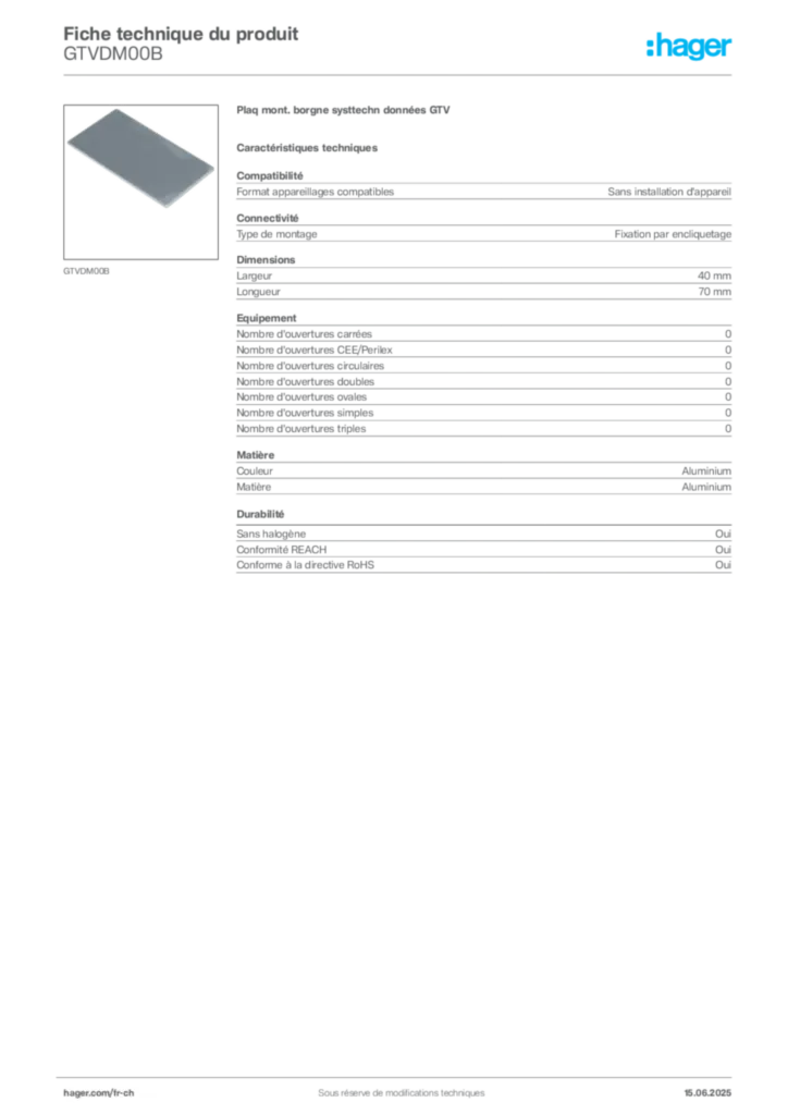 Image Hager Fiche technique du produit GTVDM00B | Hager Suisse
