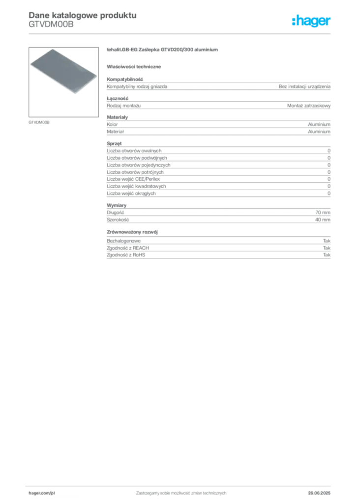 Zdjęcie Hager Karta katalogowa GTVDM00B | Hager Polska