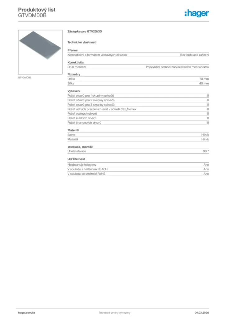 Obrázek Hager Product data sheet GTVDM00B | Hager