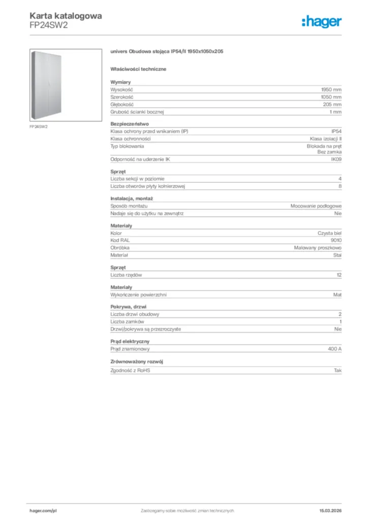 Zdjęcie Hager Karta katalogowa FP24SW2 | Hager Polska