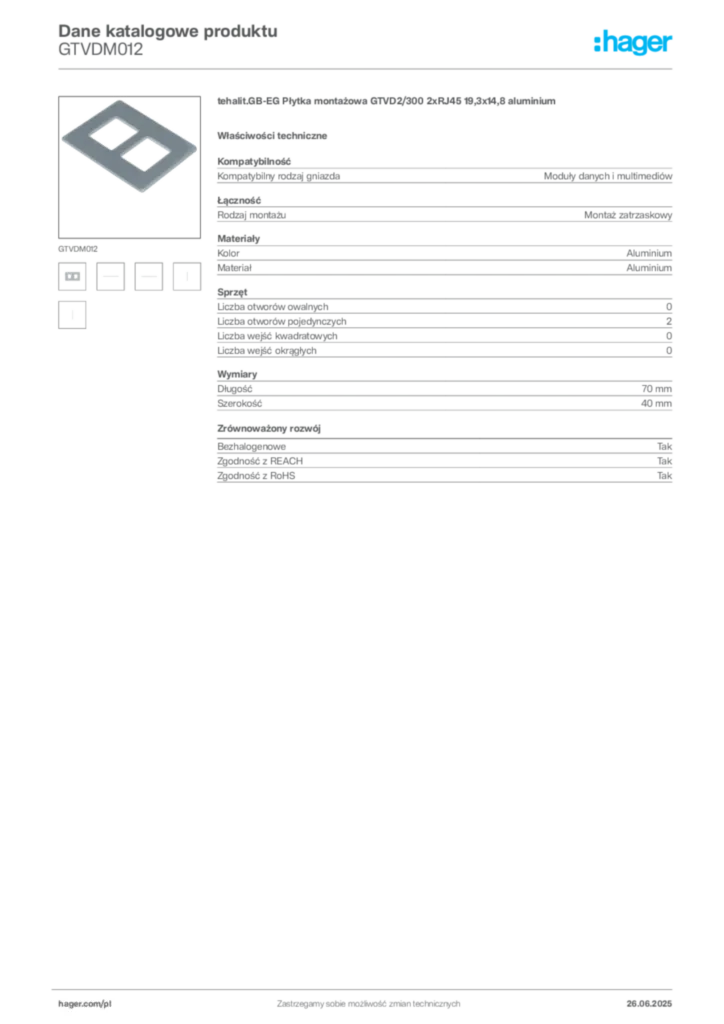 Zdjęcie Hager Karta katalogowa GTVDM012 | Hager Polska