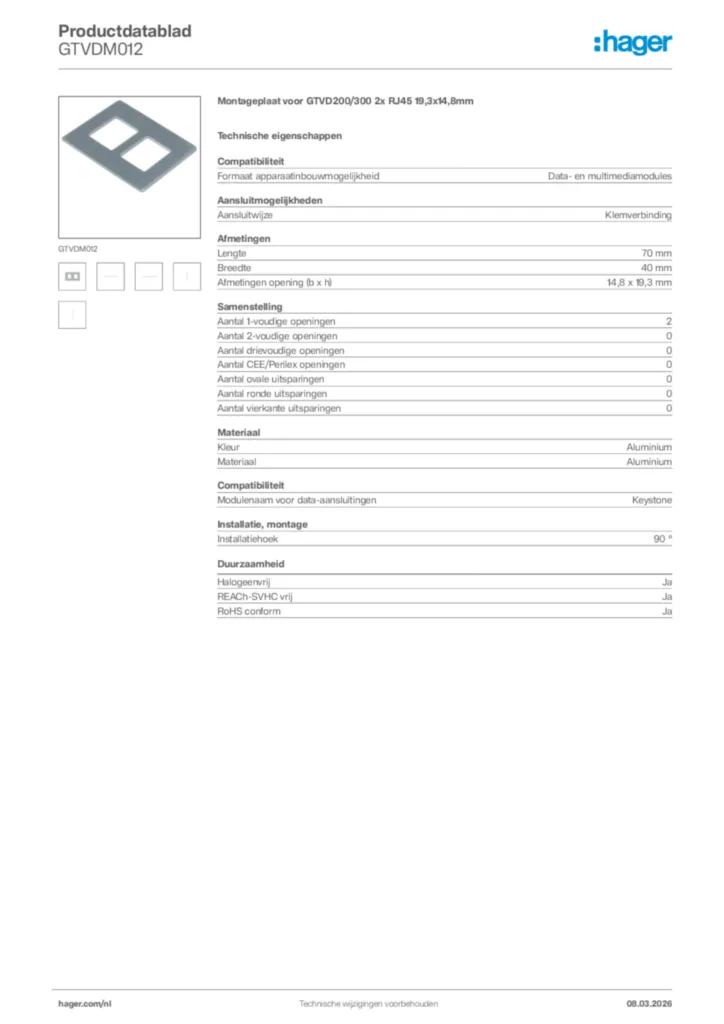 Afbeelding Hager Productdatablad GTVDM012 | Hager Nederland