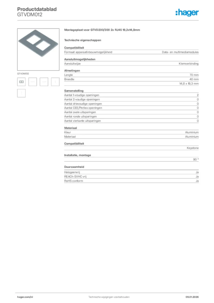 Afbeelding Hager Productdatablad GTVDM012 | Hager Nederland