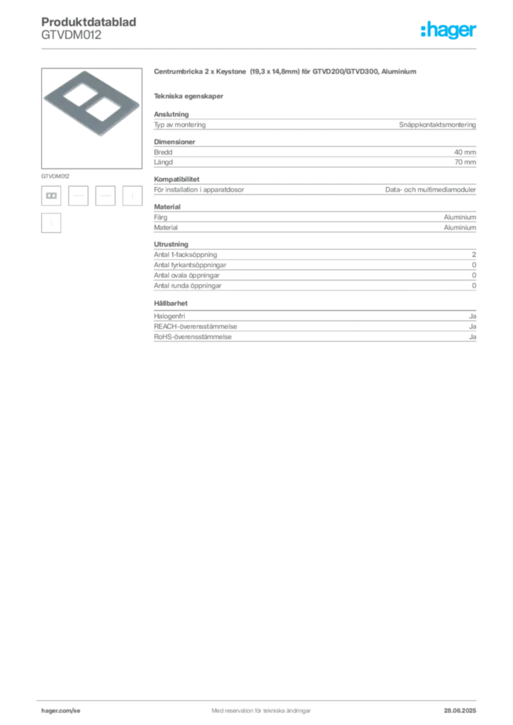 Bild Hager Produktdatablad GTVDM012 | Hager Sverige