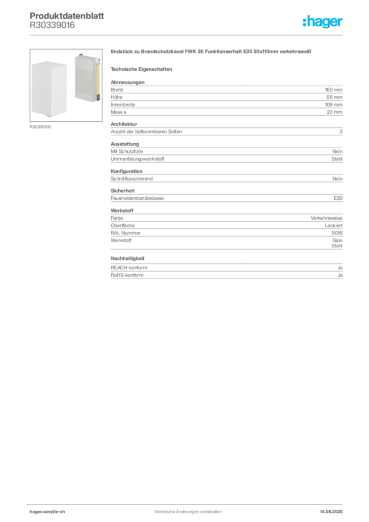 Bild Hager Produktdatenblatt R30339016 | Hager Schweiz