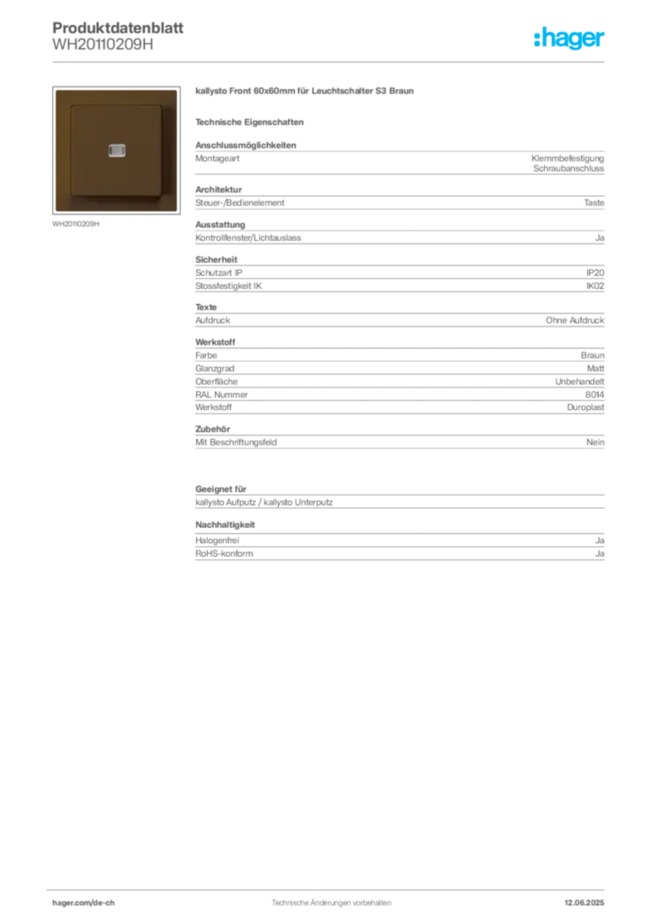 Bild Hager Produktdatenblatt WH20110209H | Hager Schweiz