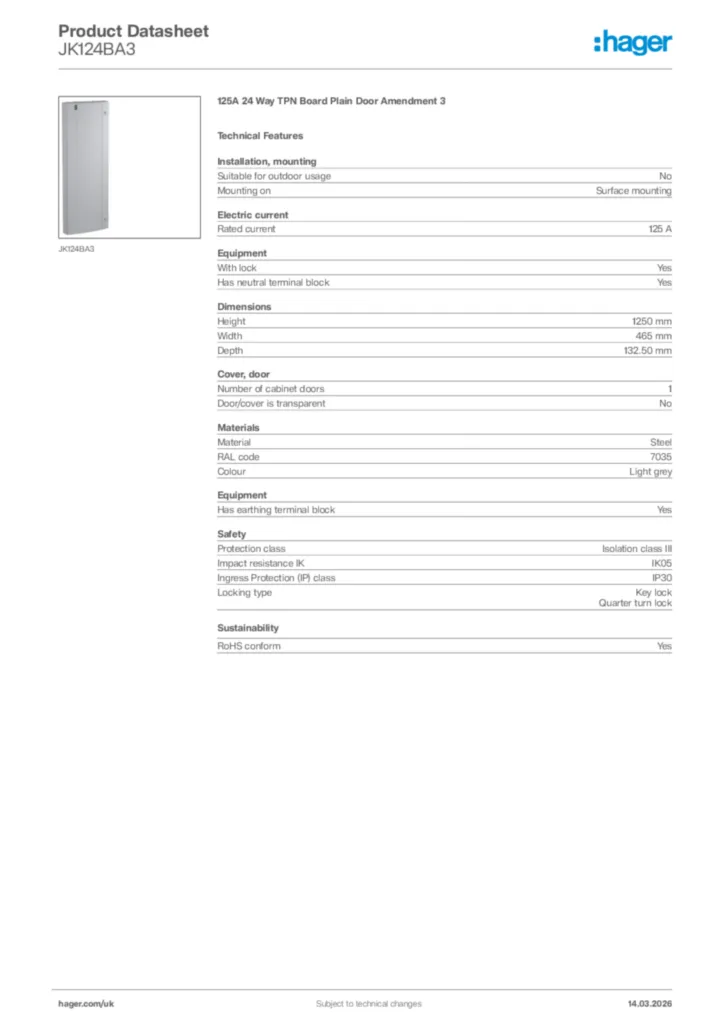 Image Hager Product data sheet JK124BA3  | Hager