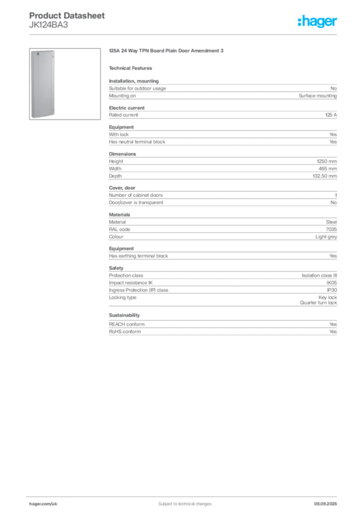 Image Hager Product data sheet JK124BA3  | Hager