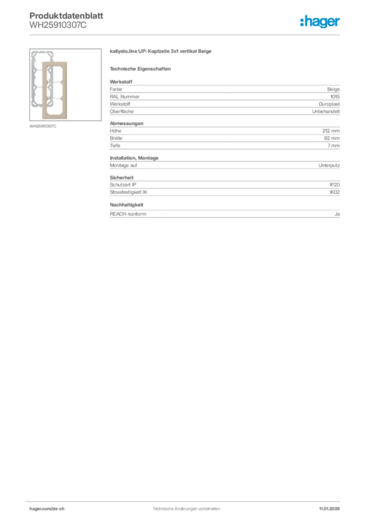 Bild Hager Produktdatenblatt WH25910307C | Hager Schweiz