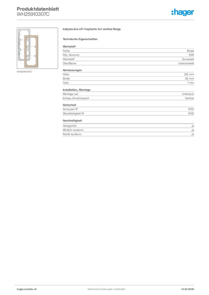 Bild Hager Produktdatenblatt WH25910307C | Hager Schweiz