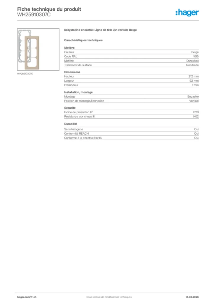 Image Hager Fiche technique du produit WH25910307C | Hager Suisse