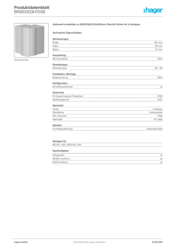 Bild Hager Produktdatenblatt BR651303H7035 | Hager Deutschland