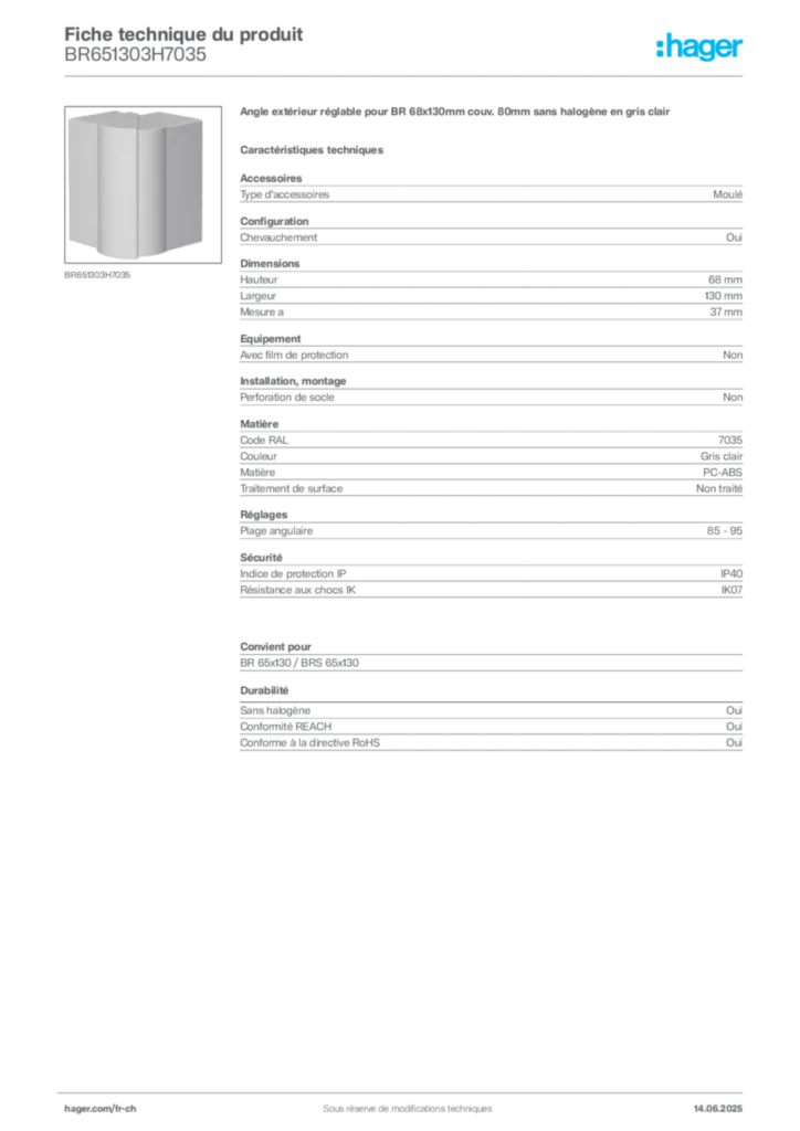 Image Hager Fiche technique du produit BR651303H7035 | Hager Suisse