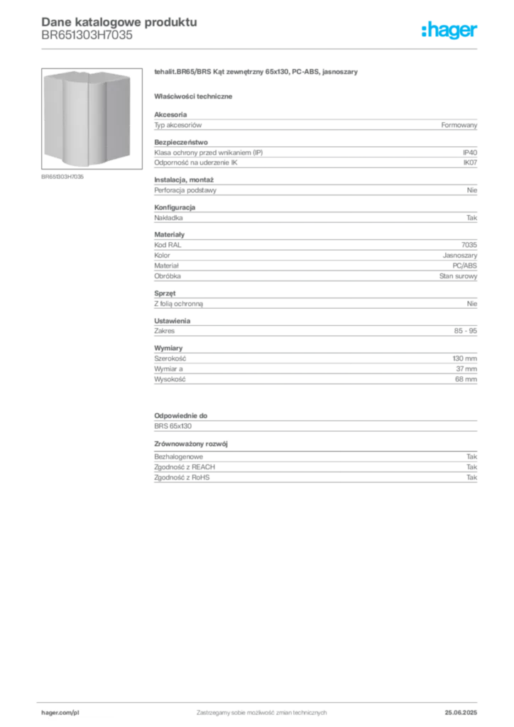 Zdjęcie Hager Karta katalogowa BR651303H7035 | Hager Polska