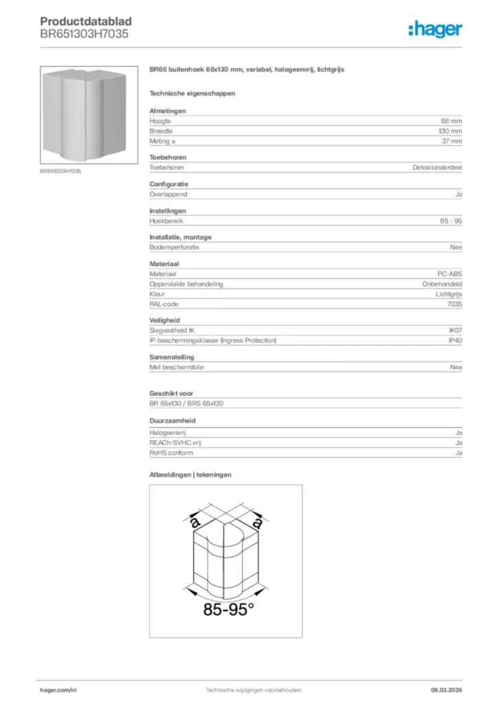 Afbeelding Hager Productdatablad BR651303H7035 | Hager Nederland
