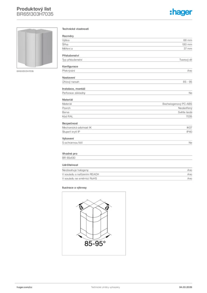 Obrázek Hager Product data sheet BR651303H7035 | Hager